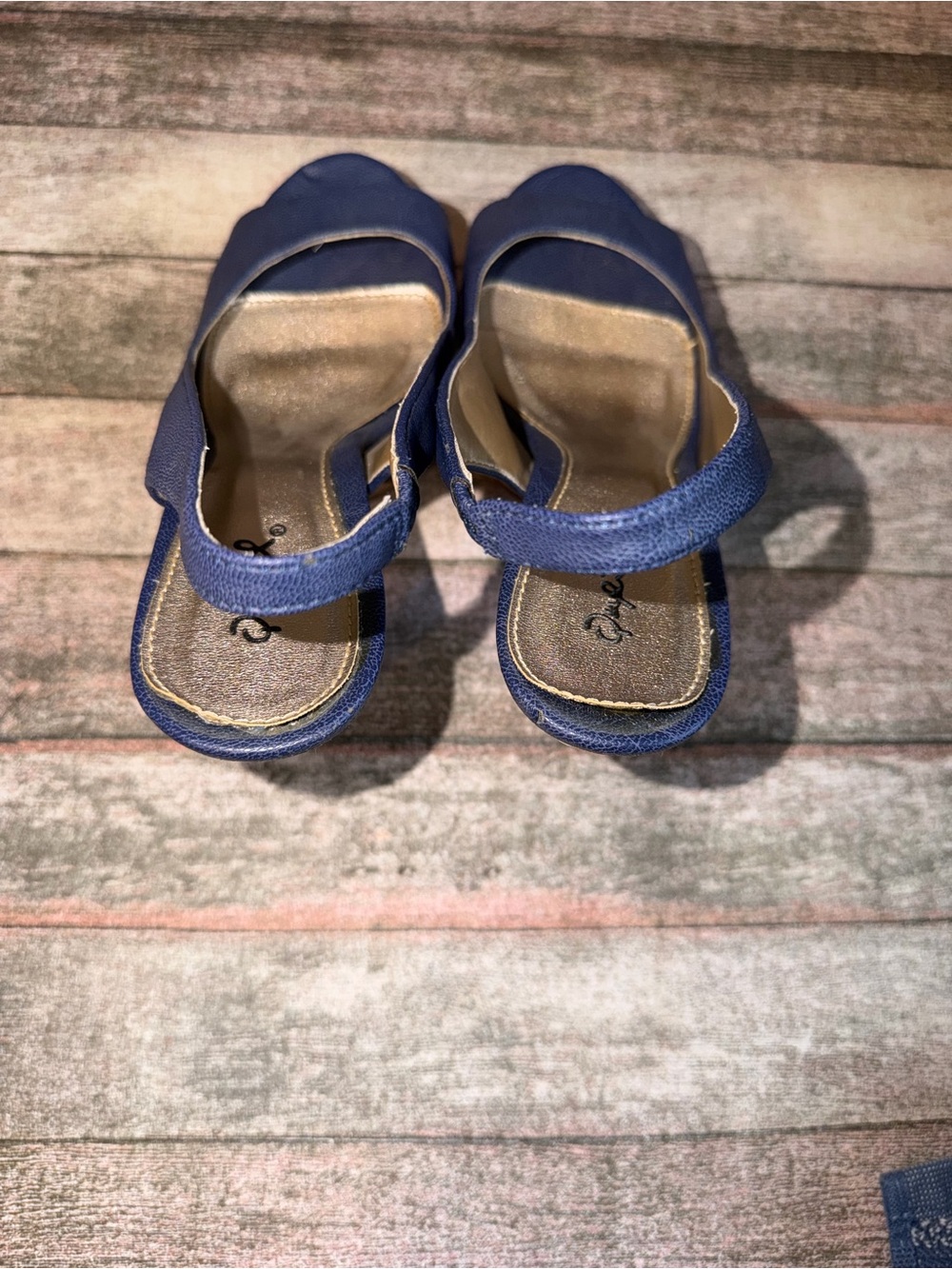 Qupid Navy Blue Peep-Toe Slingback Platform Heels with Wood-Look Platform - Picture 7 of 8